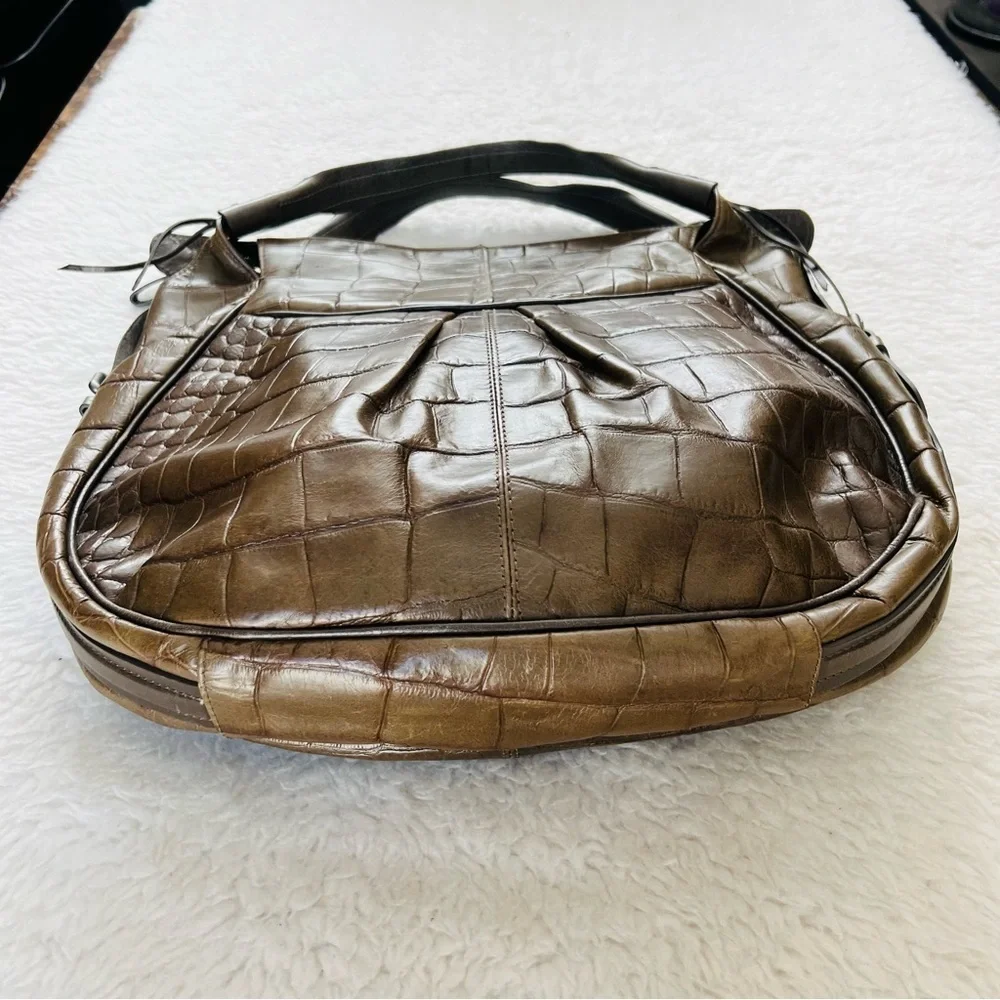 Francesco Biasia Italy Olive Crocodile Print Embossed Leather Large Bag